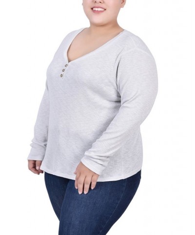 Plus Size Long Sleeve Ribbed Henley Gray $13.35 Tops