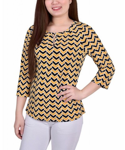 Women's 3/4 Sleeve Grommet Top Golden-Tone Black Chervon $14.08 Tops