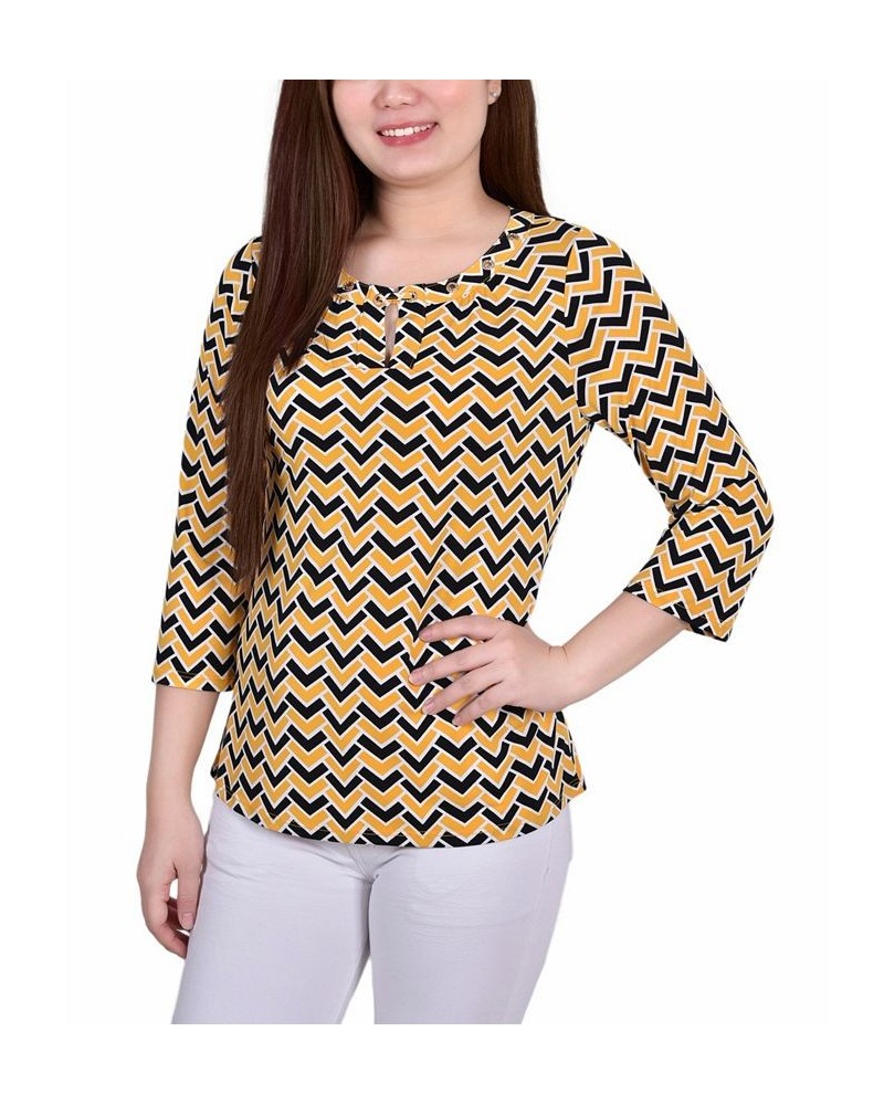 Women's 3/4 Sleeve Grommet Top Golden-Tone Black Chervon $14.08 Tops