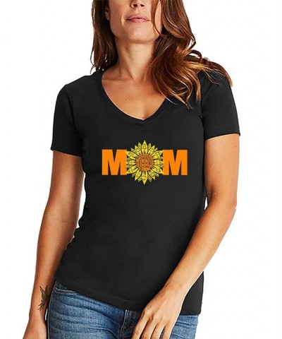 Women's Mom Sunflower Word Art V-Neck T-shirt Black $19.24 Tops