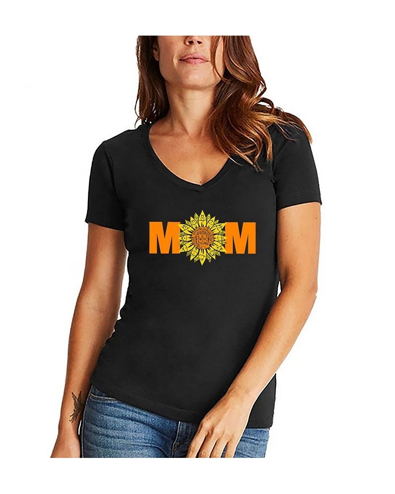 Women's Mom Sunflower Word Art V-Neck T-shirt Black $19.24 Tops