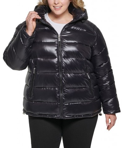 Women's Plus Size High Shine Hooded Puffer Coat Black $64.80 Coats