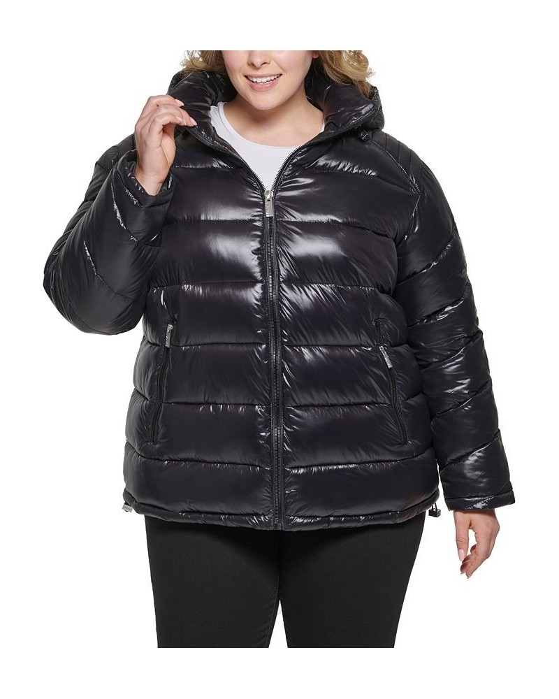 Women's Plus Size High Shine Hooded Puffer Coat Black $64.80 Coats