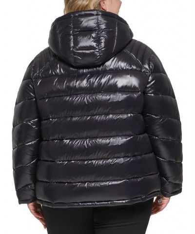 Women's Plus Size High Shine Hooded Puffer Coat Black $64.80 Coats