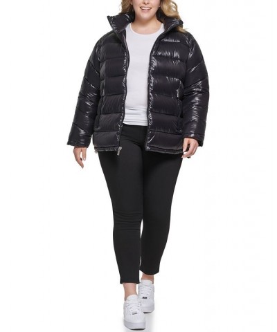 Women's Plus Size High Shine Hooded Puffer Coat Black $64.80 Coats