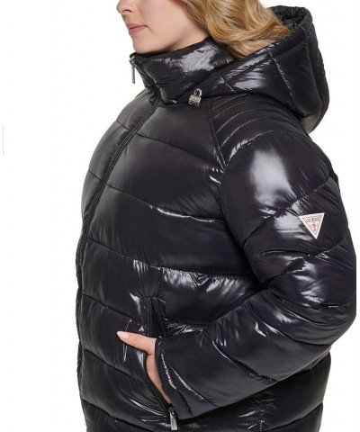 Women's Plus Size High Shine Hooded Puffer Coat Black $64.80 Coats