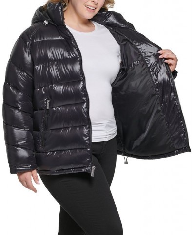 Women's Plus Size High Shine Hooded Puffer Coat Black $64.80 Coats