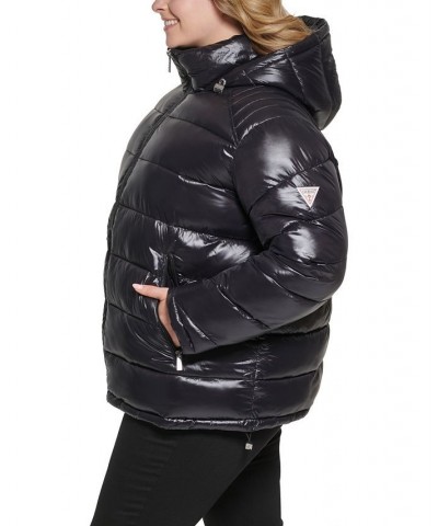 Women's Plus Size High Shine Hooded Puffer Coat Black $64.80 Coats