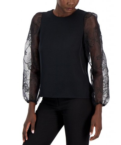 Women's Crewneck Sheer-Puff-Sleeve Top Anne Black $18.57 Tops