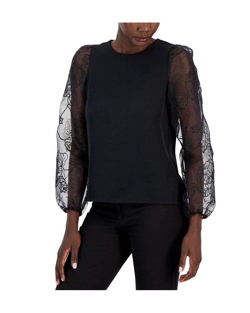 Women's Crewneck Sheer-Puff-Sleeve Top Anne Black $18.57 Tops