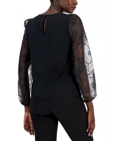 Women's Crewneck Sheer-Puff-Sleeve Top Anne Black $18.57 Tops