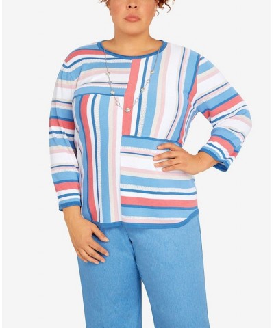 Plus Size Peace of Mind Spliced Multistripe Crewneck Sweater with Necklace Multi $40.08 Sweaters