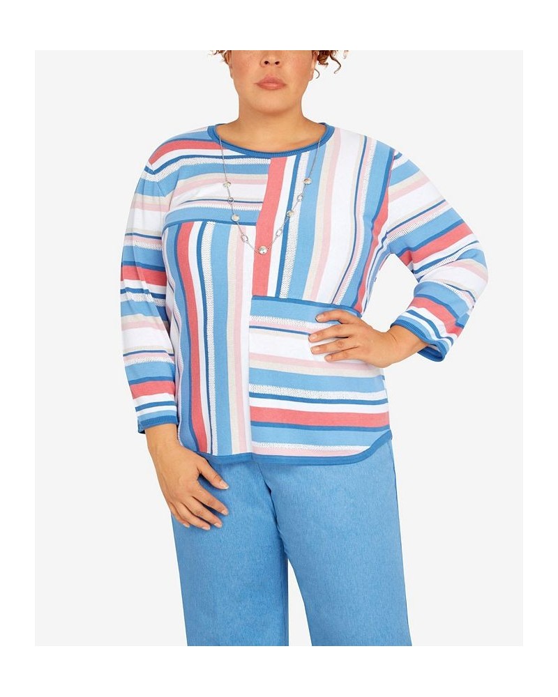 Plus Size Peace of Mind Spliced Multistripe Crewneck Sweater with Necklace Multi $40.08 Sweaters