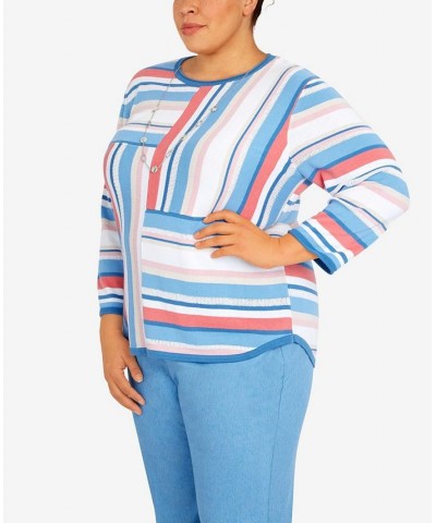 Plus Size Peace of Mind Spliced Multistripe Crewneck Sweater with Necklace Multi $40.08 Sweaters