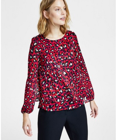 Women's Leopard-Print Double-Layer Blouse Poppy Multi $28.45 Tops