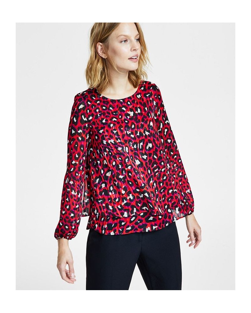 Women's Leopard-Print Double-Layer Blouse Poppy Multi $28.45 Tops