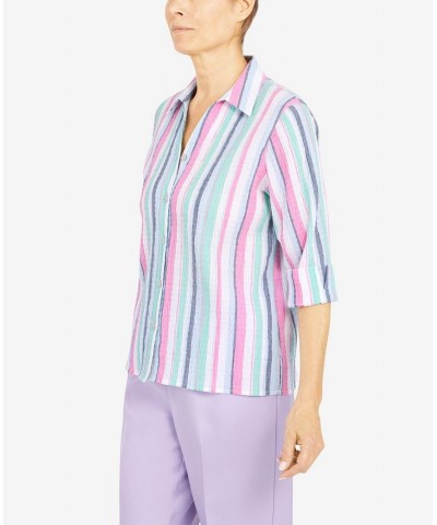 Women's Classics Crinkle Stripe 3/4 Sleeve Button Down Top Multi $29.89 Tops