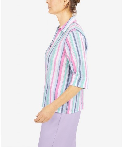 Women's Classics Crinkle Stripe 3/4 Sleeve Button Down Top Multi $29.89 Tops