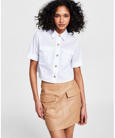 Women's Cropped Cuffed-Sleeve Pocket Shirt Blanc $34.76 Tops