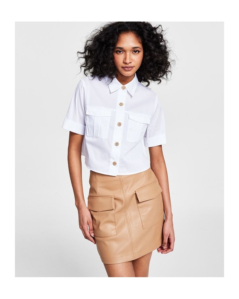 Women's Cropped Cuffed-Sleeve Pocket Shirt Blanc $34.76 Tops