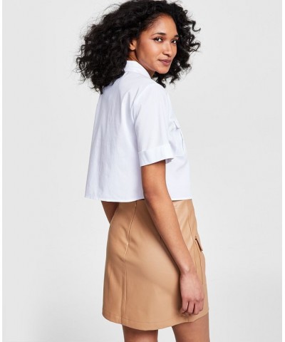 Women's Cropped Cuffed-Sleeve Pocket Shirt Blanc $34.76 Tops