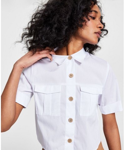 Women's Cropped Cuffed-Sleeve Pocket Shirt Blanc $34.76 Tops