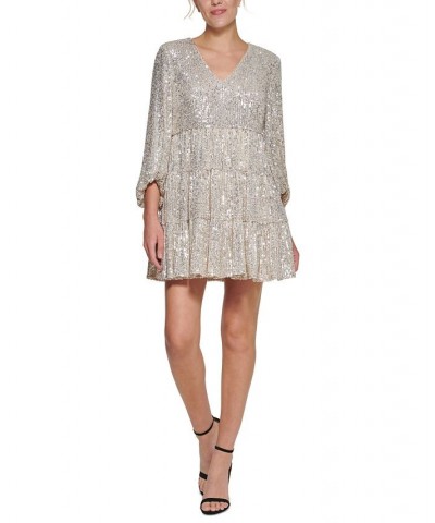 Sequinned Tiered Fit & Flare Dress Silver $67.32 Dresses