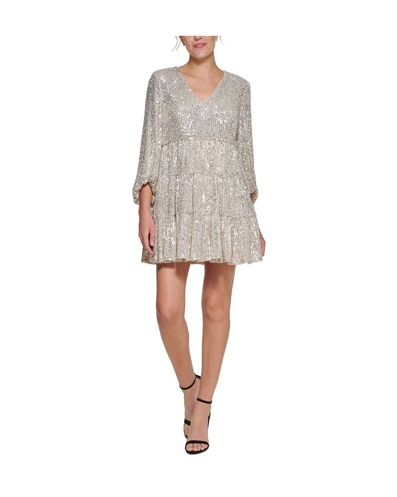 Sequinned Tiered Fit & Flare Dress Silver $67.32 Dresses