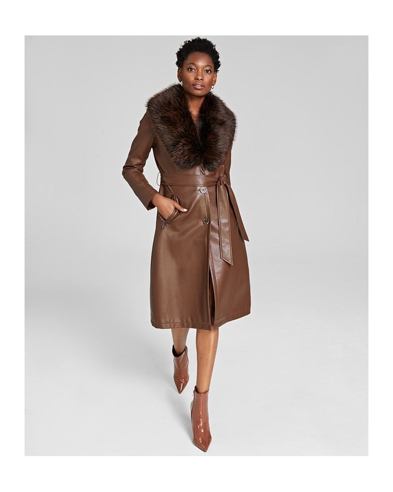 Women's Faux-Fur-Trim Faux-Leather Coat Coffee $83.60 Coats