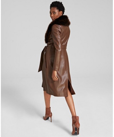 Women's Faux-Fur-Trim Faux-Leather Coat Coffee $83.60 Coats