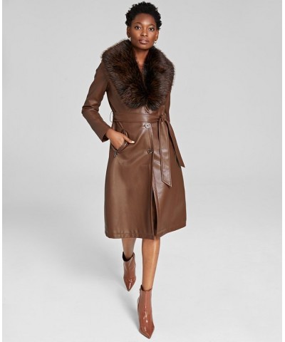 Women's Faux-Fur-Trim Faux-Leather Coat Coffee $83.60 Coats