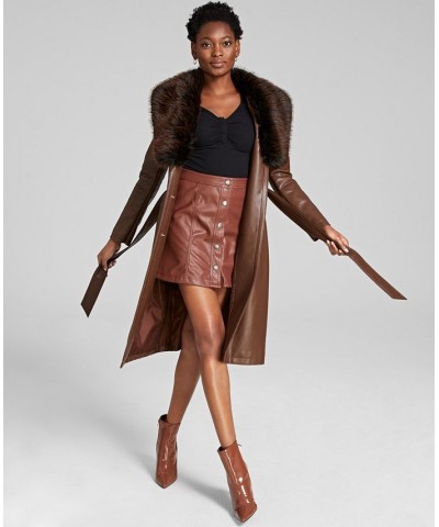 Women's Faux-Fur-Trim Faux-Leather Coat Coffee $83.60 Coats