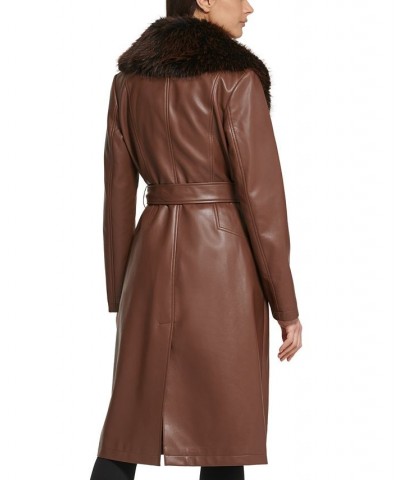 Women's Faux-Fur-Trim Faux-Leather Coat Coffee $83.60 Coats