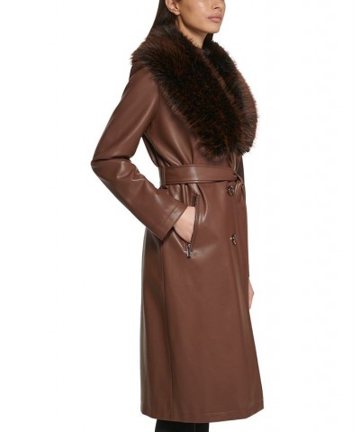 Women's Faux-Fur-Trim Faux-Leather Coat Coffee $83.60 Coats