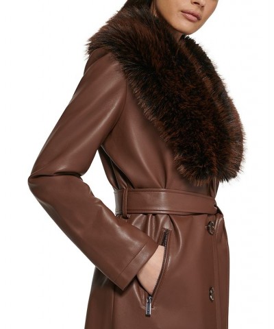 Women's Faux-Fur-Trim Faux-Leather Coat Coffee $83.60 Coats