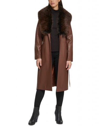 Women's Faux-Fur-Trim Faux-Leather Coat Coffee $83.60 Coats