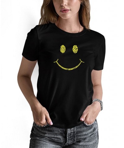 Women's Be Happy Smiley Face Word Art T-shirt Black $19.94 Tops