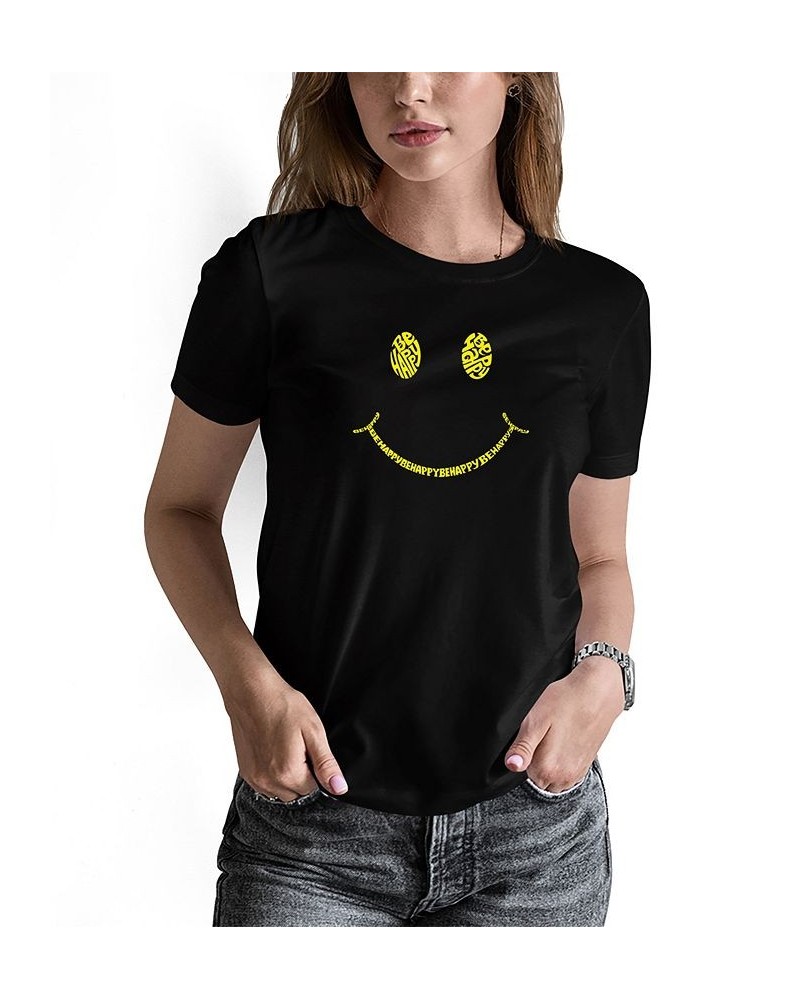 Women's Be Happy Smiley Face Word Art T-shirt Black $19.94 Tops