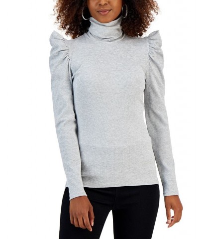 Women's Metallic Ribbed Puff-Sleeve Turtleneck Top Silver Metallic $13.48 Tops