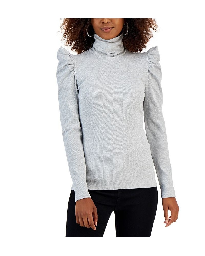 Women's Metallic Ribbed Puff-Sleeve Turtleneck Top Silver Metallic $13.48 Tops