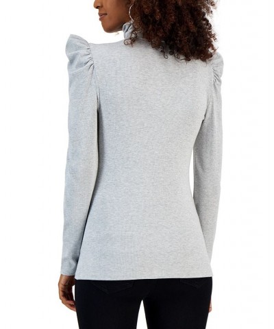 Women's Metallic Ribbed Puff-Sleeve Turtleneck Top Silver Metallic $13.48 Tops