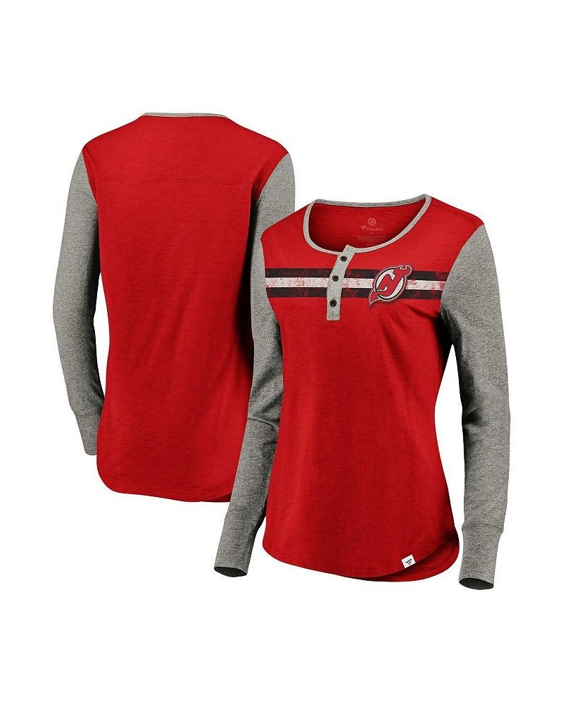 Women's Branded Red New Jersey Devils Striped Henley Long Sleeve Red $22.08 Tops