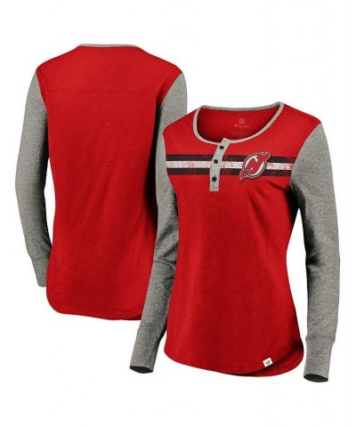 Women's Branded Red New Jersey Devils Striped Henley Long Sleeve Red $22.08 Tops