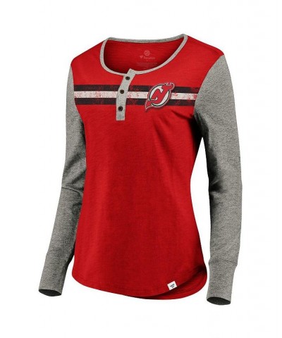 Women's Branded Red New Jersey Devils Striped Henley Long Sleeve Red $22.08 Tops