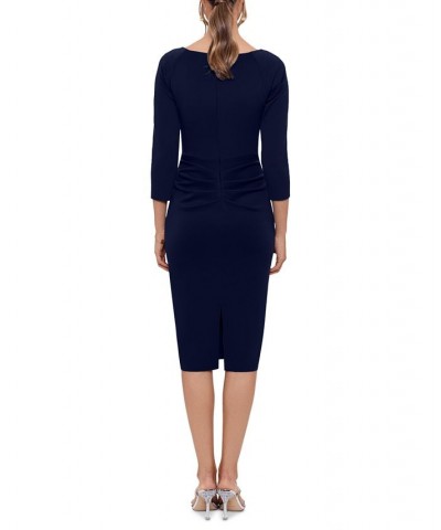 Women's Scuba-Fabric V-Neck Draped Midi Dress Blue $74.09 Dresses