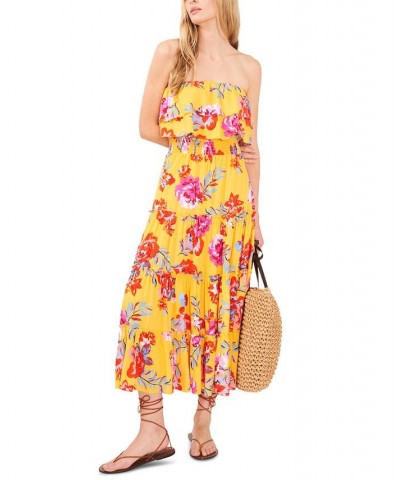 Women's Strapless Smocked-Waist Tiered Maxi Dress Cover-Up Yellow/Red/Multi $35.55 Swimsuits