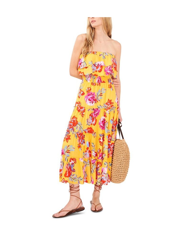 Women's Strapless Smocked-Waist Tiered Maxi Dress Cover-Up Yellow/Red/Multi $35.55 Swimsuits