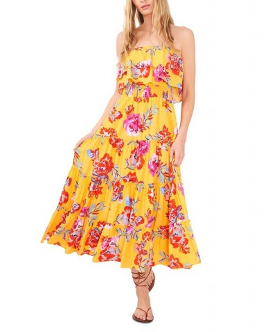 Women's Strapless Smocked-Waist Tiered Maxi Dress Cover-Up Yellow/Red/Multi $35.55 Swimsuits