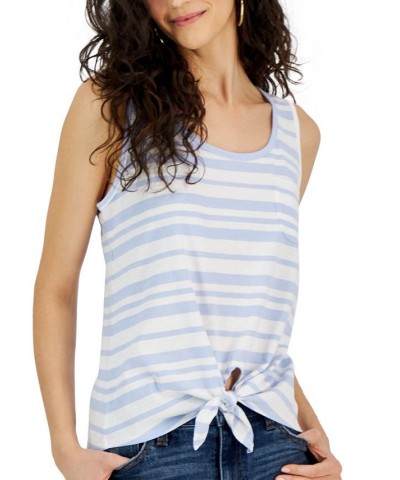 Juniors' Scoop-Neck Printed Tie-Front Tank Top White/blue $11.39 Tops