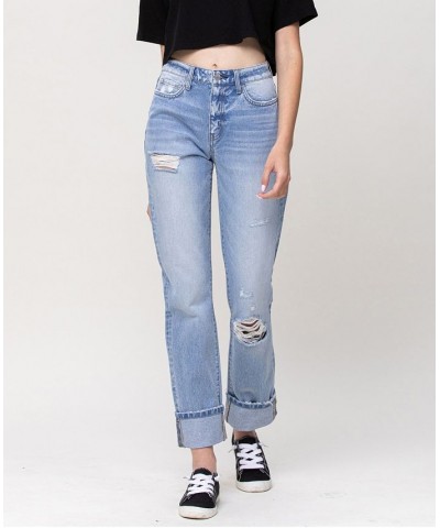 Women's High Rise 90's Vintage-Like Straight Jeans with Cuff Hem Light Blue $46.31 Jeans